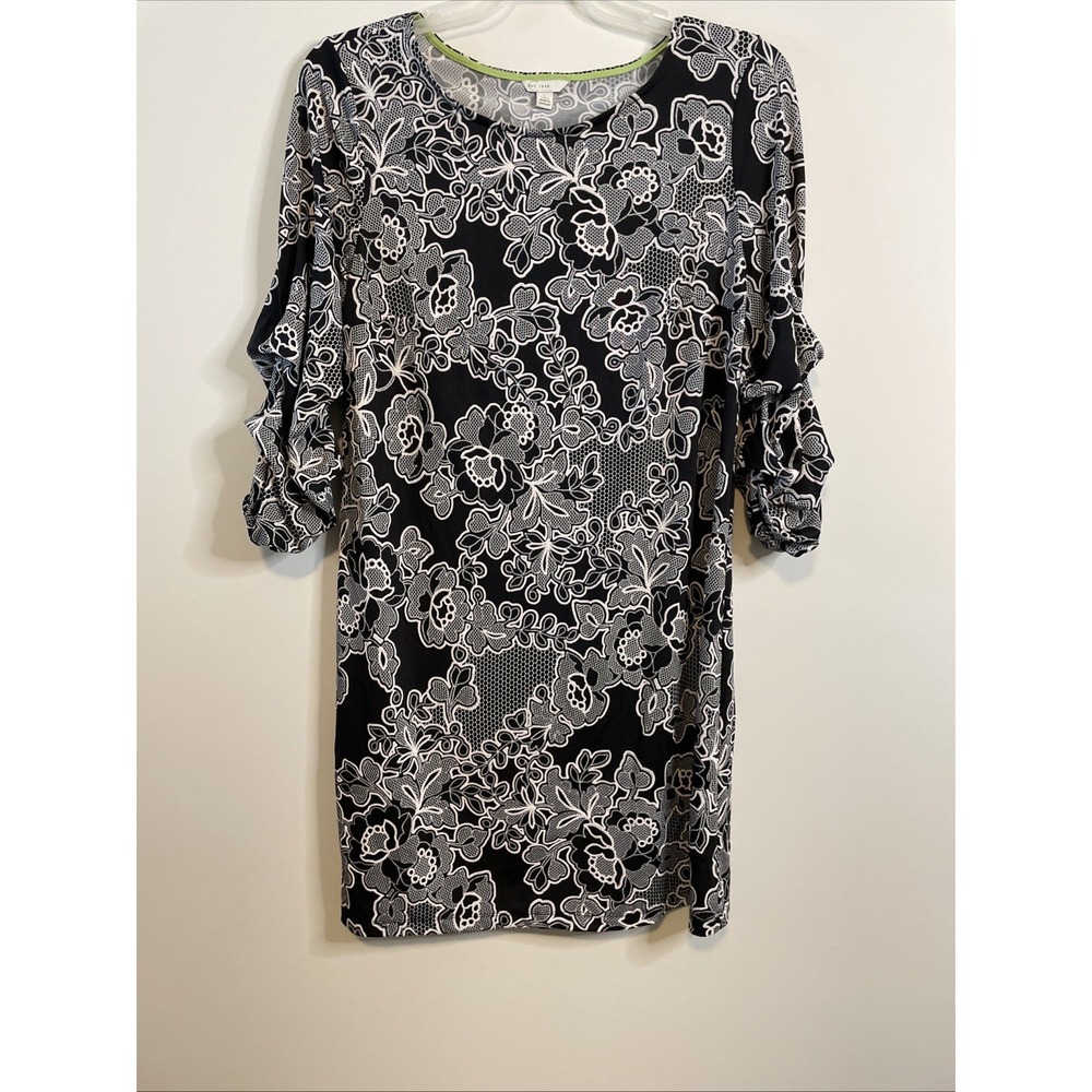 Cato Large Black White Floral Dress Stretch Ruched Sleeve Career Casual